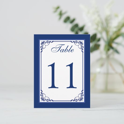 Royal Blue en White Scrolls Tafelnummer Kaart (Staand voorkant)