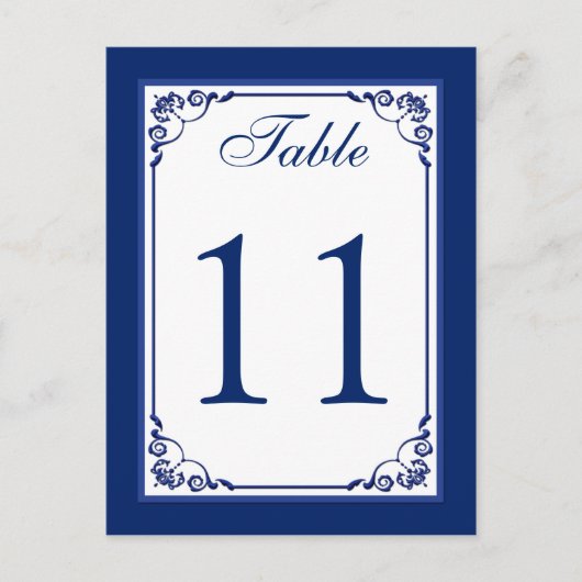 Royal Blue en White Scrolls Tafelnummer Kaart (Voorkant)