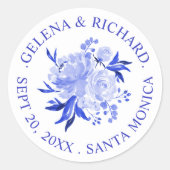 Royal Blue en White Waterverf Bouquet Wedding Ronde Sticker (Voorkant)