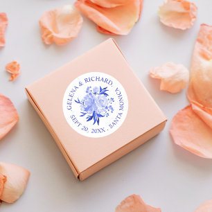 Royal Blue en White Waterverf Bouquet Wedding Ronde Sticker