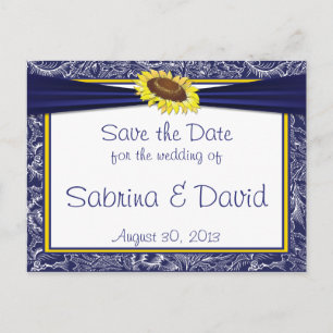 Royal Blue en Yellow Sunflower Save the Date Aankondigingskaart