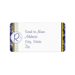 Royal Blue en Yellow Sunflowers Monogram Adres Etiket
