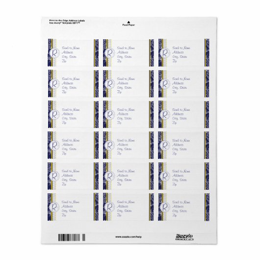 Royal Blue en Yellow Sunflowers Monogram Adres Etiket (Full Sheet)