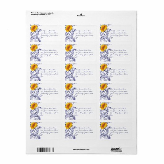  Royal Blue en Yellow Sunflowers Monogram Etiket (Full Sheet)