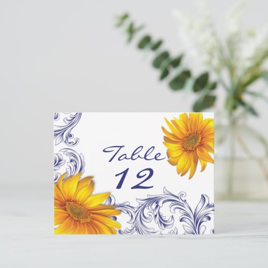  Royal Blue en Yellow Sunflowers Tafel Kaart (Staand voorkant)