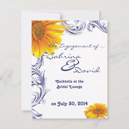Royal Blue en Yellow Sunflowers Verloving Aankondiging (Achterkant)