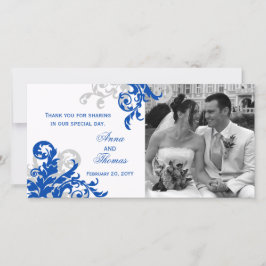 Royal Blue en Zilver bloeien bruiloft fotokaart Bedankkaart
