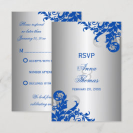 Royal Blue en Zilveren Bloemrijke Trouw-RSVD RSVP Kaartje