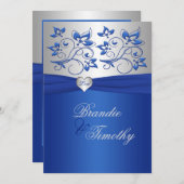 Royal Blue en Zilveren Hart Bruiloft uitnodiging (Voorkant / Achterkant)