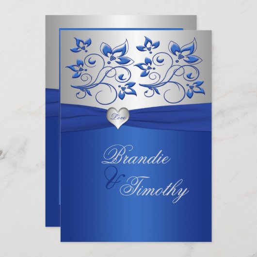 Royal Blue en Zilveren Hart Bruiloft uitnodiging (Voorkant / Achterkant)