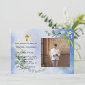 Royal Blue Eucalyptus First Heilige Communfoto Kaart (Staand voorkant)