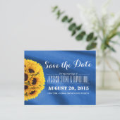 Royal Blue Fabric-zonnebloemen sparen de datum Aankondigingskaart (Staand voorkant)