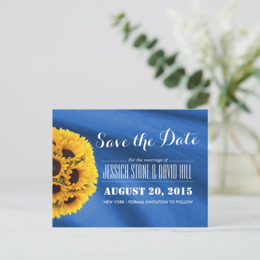 Royal Blue Fabric-zonnebloemen sparen de datum Aankondigingskaart (Staand voorkant)