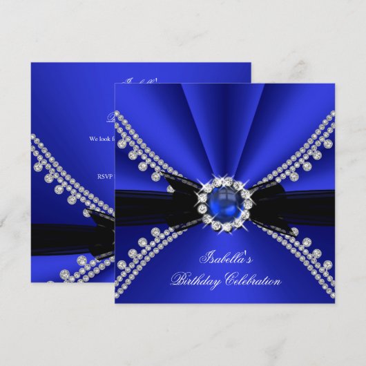 Royal Blue Faux Diamond Jewel Birthday Party Kaart (Voorkant / Achterkant)