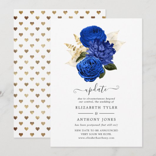 Royal Blue & Faux Folie Gold Floral Wedding Update Kaart (Voorkant / Achterkant)
