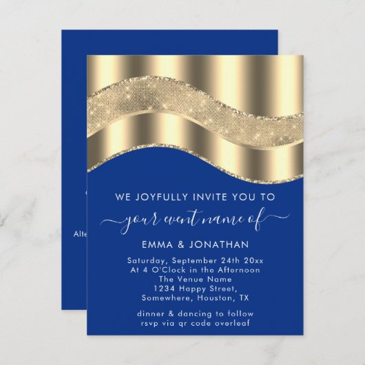 Royal Blue Faux Gold Border Wave QR Code Weddensch (Voorkant / Achterkant)