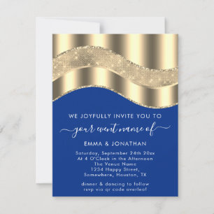 Royal Blue Faux Gold Border Wave QR Code Weddensch