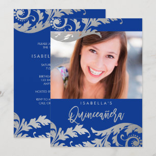 Royal Blue Faux Silver Swirls Foto Quinceanera Kaart