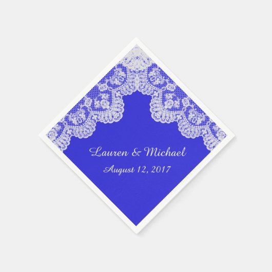 Royal Blue Faux White Lace Border Wedding Servetten (Hoek)