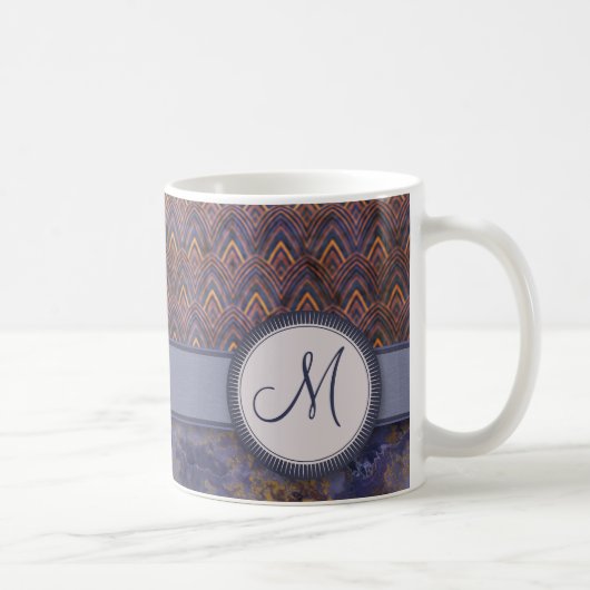 Royal Blue Feather Pattern met Monogram Koffiemok (Rechts)