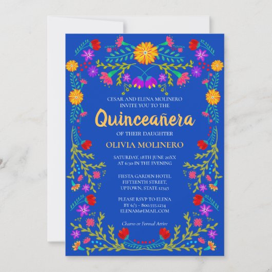 Royal Blue Fiesta Party Mexicaanse Quinceanera Kaart (Voorkant)