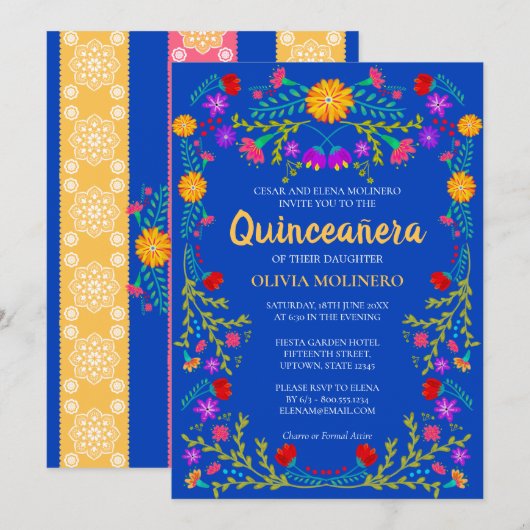Royal Blue Fiesta Party Mexicaanse Quinceanera Kaart (Voorkant / Achterkant)