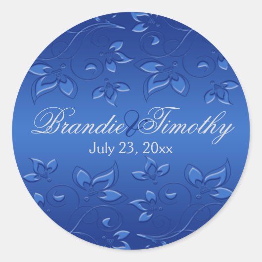 Royal Blue Floral 1,5" ronde bruiloft Sticker (Voorkant)