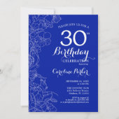 Royal Blue Floral 30th Birthday Party Kaart (Voorkant)