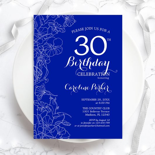 Royal Blue Floral 30th Birthday Party Kaart