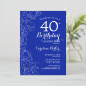 Royal Blue Floral 40th Birthday Party Kaart (Staand voorkant)
