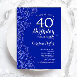 Royal Blue Floral 40th Birthday Party Kaart