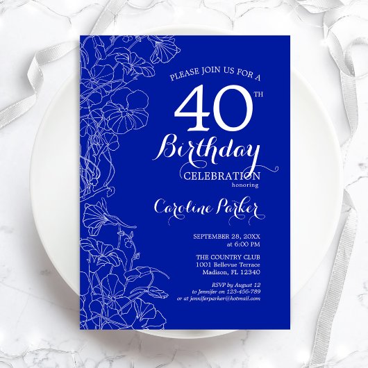 Royal Blue Floral 40th Birthday Party Kaart