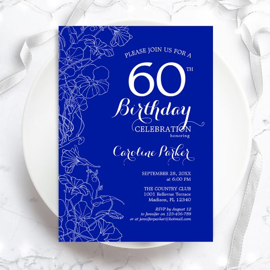 Royal Blue Floral 60th Birthday Party Kaart