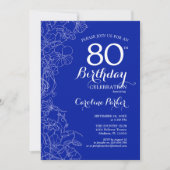 Royal Blue Floral 80th Birthday Party Kaart (Voorkant)