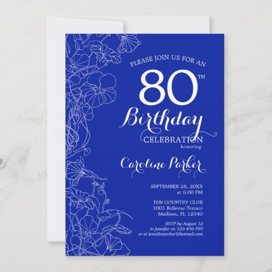 Royal Blue Floral 80th Birthday Party Kaart (Voorkant)