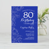 Royal Blue Floral 80th Birthday Party Kaart (Staand voorkant)
