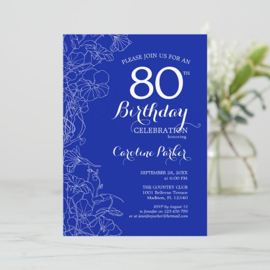 Royal Blue Floral 80th Birthday Party Kaart (Staand voorkant)