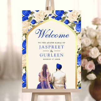 Royal Blue Floral Anand Karaj Bruiloft Welkomstbor Poster