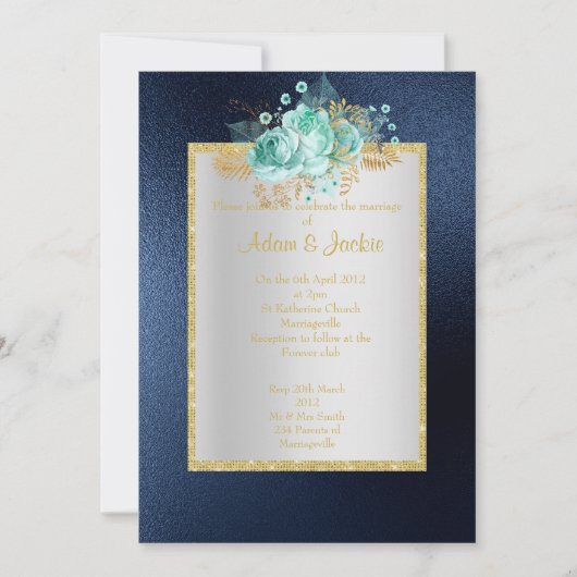 ROYAL BLUE Floral aqua ELEGANT CLASSY WEDDING Kaart (Voorkant)