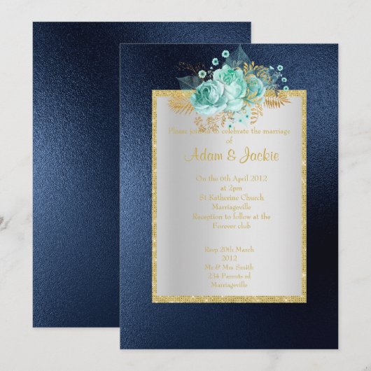 ROYAL BLUE Floral aqua ELEGANT CLASSY WEDDING Kaart (Voorkant / Achterkant)