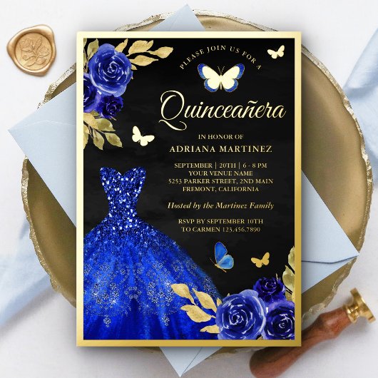 Royal Blue Floral Black Quinceanera Gold Folie Uitnodiging