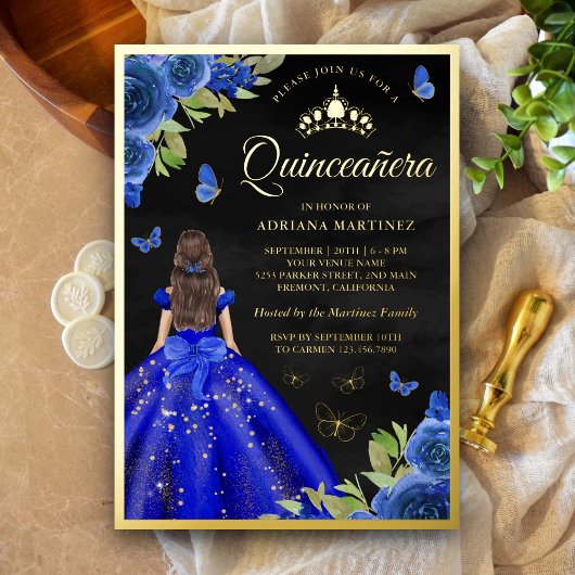 Royal Blue Floral Black Quinceanera Gold Folie Uitnodiging