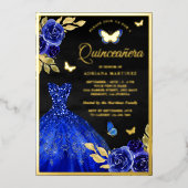 Royal Blue Floral Black Quinceanera Gold Folie Uitnodiging (Voorkant)