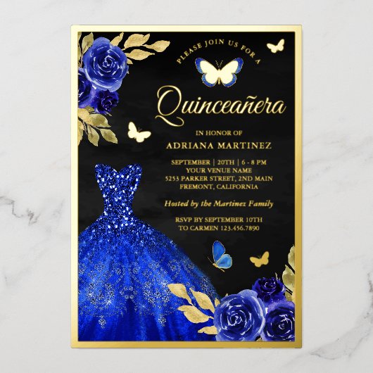 Royal Blue Floral Black Quinceanera Gold Folie Uitnodiging (Voorkant)