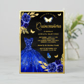 Royal Blue Floral Black Quinceanera Gold Folie Uitnodiging (Staand Voorkant)