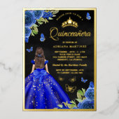 Royal Blue Floral Black Quinceanera Gold Folie Uitnodiging (Voorkant)