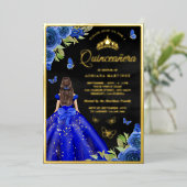 Royal Blue Floral Black Quinceanera Gold Folie Uitnodiging (Staand Voorkant)
