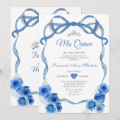 Royal Blue Floral Bow Ribbon Silver Mis Quince Kaart (Voorkant / Achterkant)