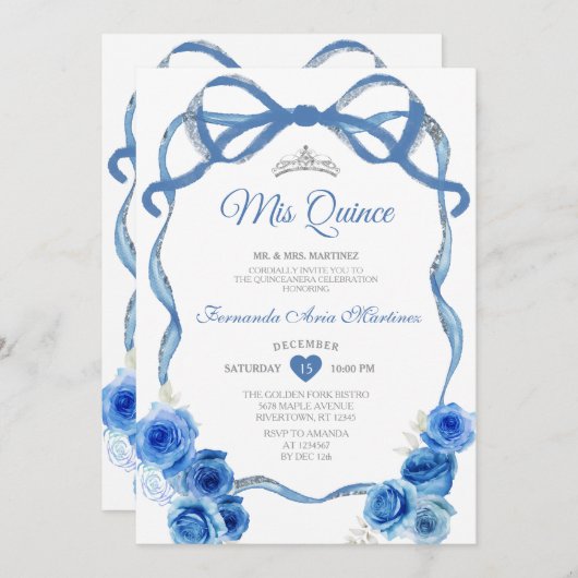 Royal Blue Floral Bow Ribbon Silver Mis Quince Kaart (Voorkant / Achterkant)