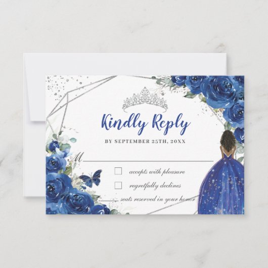 Royal Blue Floral Brown Princess Quinceañera XV 16 RSVP Kaartje (Voorkant)